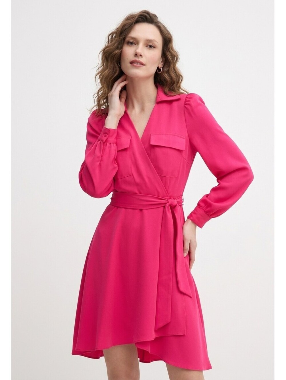 DKNY Womens Hot Pink Long Sleeve Collared Wrap Midi Dress Size 4 New With Tags